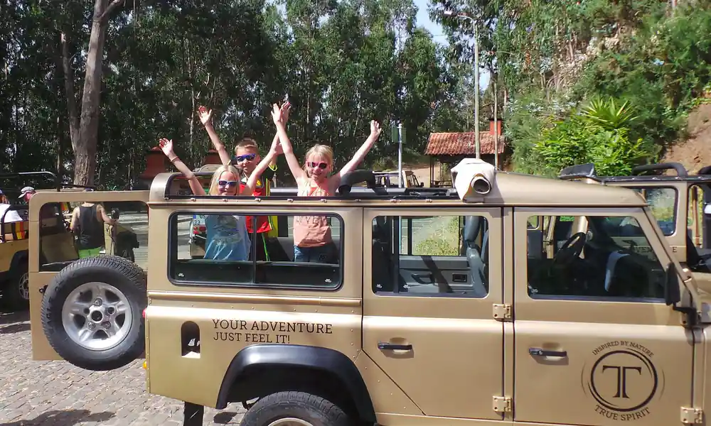 People with raised arms in open-top safari vehicle