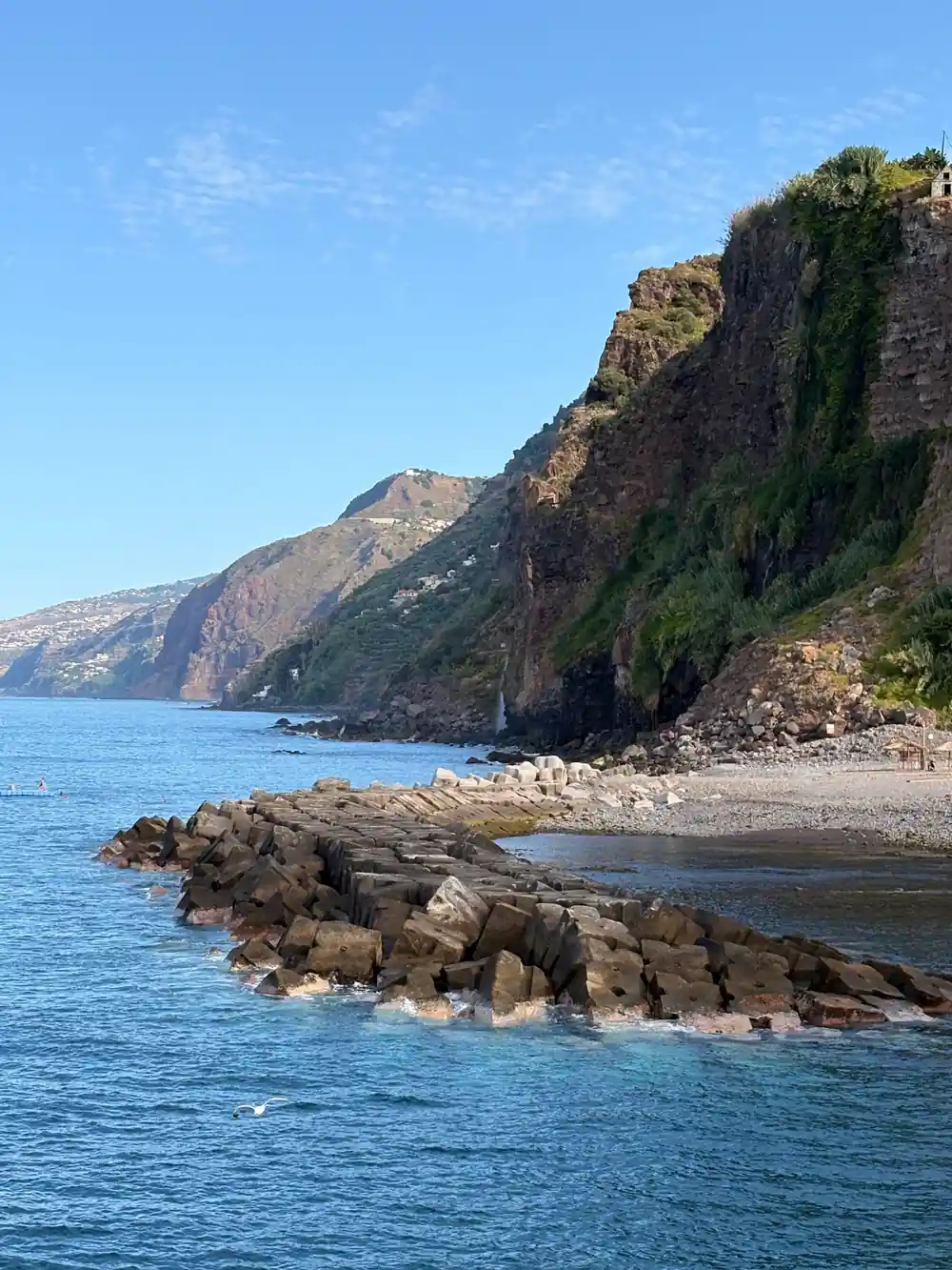 Rocky coastline with dramatic green cliffs and blue ocean